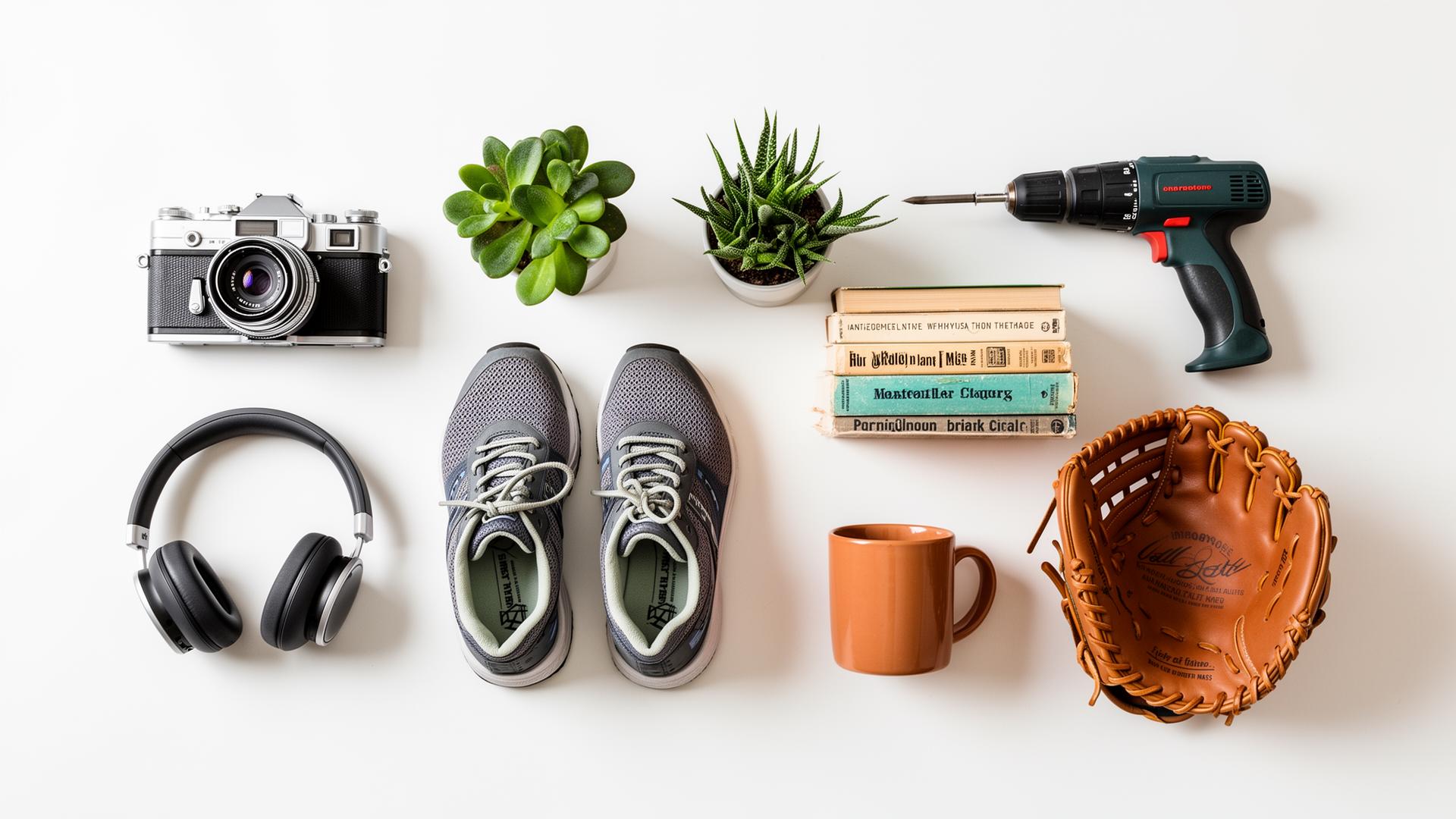 A curated mix of marketplace goods on a clean white surface